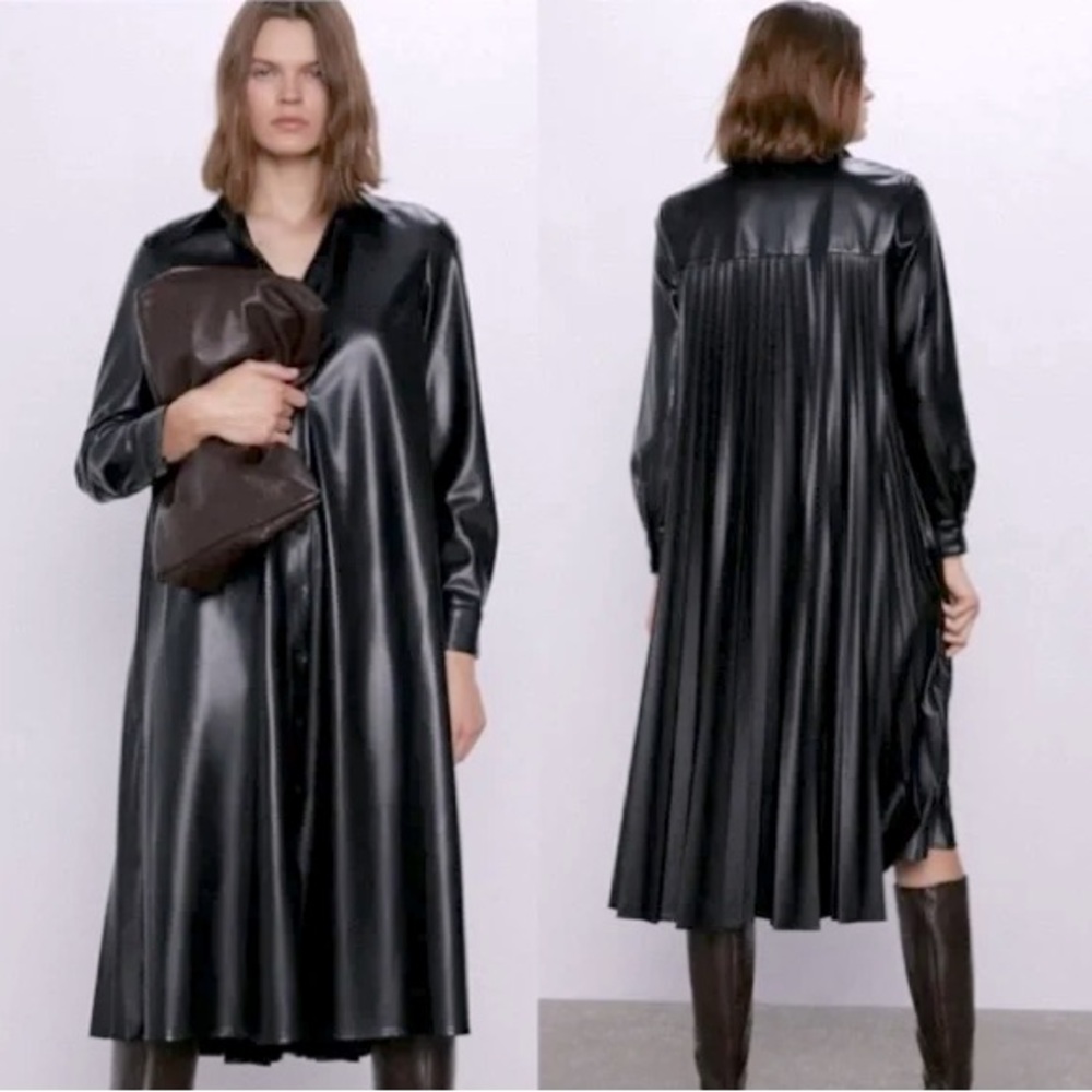 Zara Faux Leather Midi Button Down Long Sleeve Pleated Back Dress Black Sz S NEW